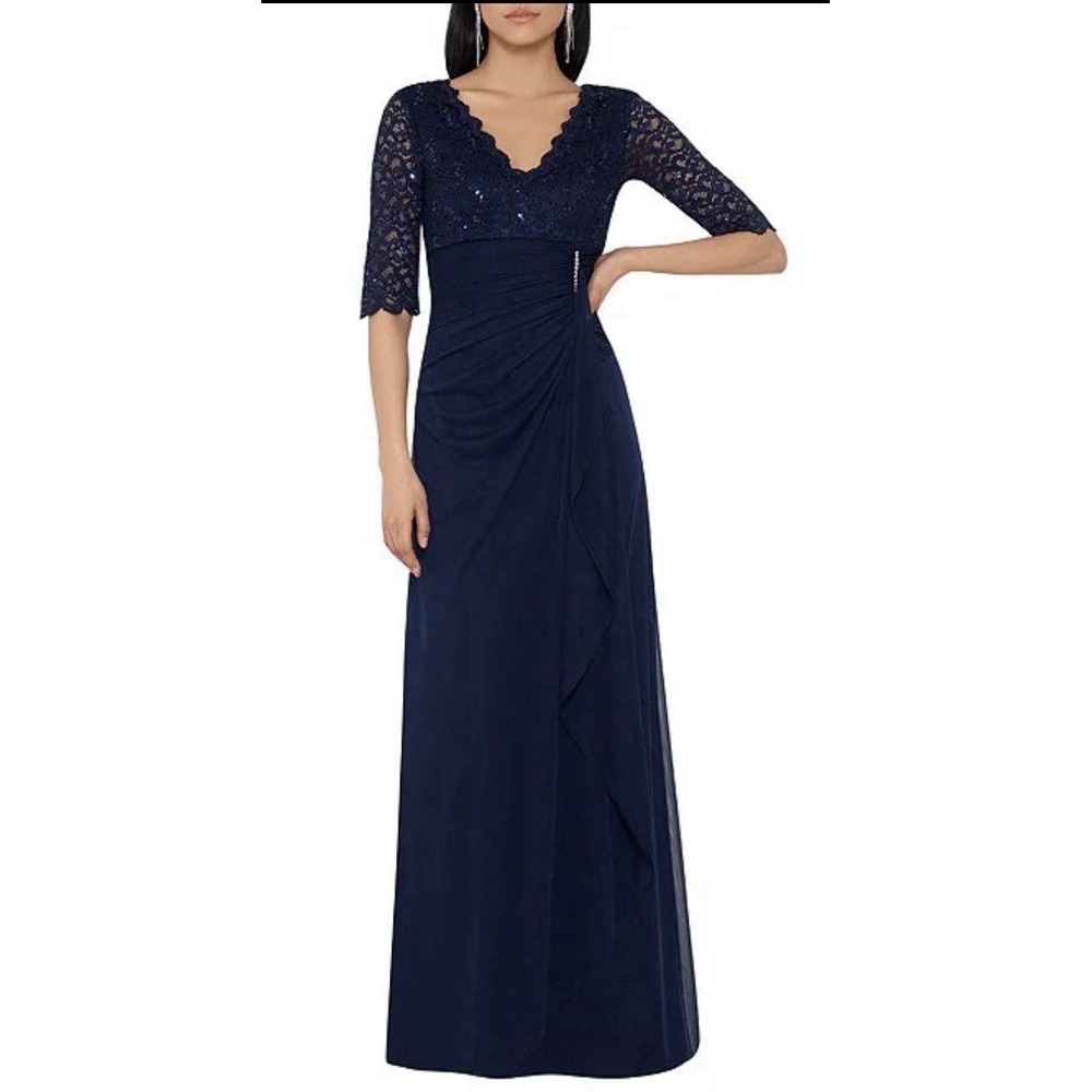 Betsy & Adams Navy Blue Sequin Lace Bodice Gown Ruched Skirt & Beaded Size 12P